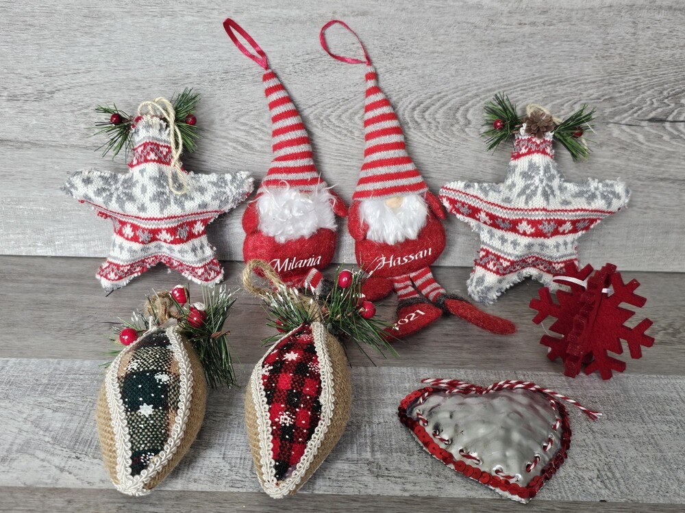 Knit Christmas Ornaments Set of 8 Red & Gray Fair Isle Design 4" Stars & Misc